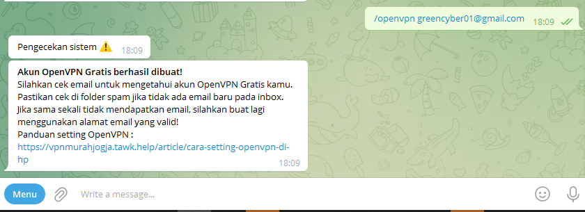 Tutorial membuat OpenVPN gratis via Telegram Bot - Kirim perintah /openvpn