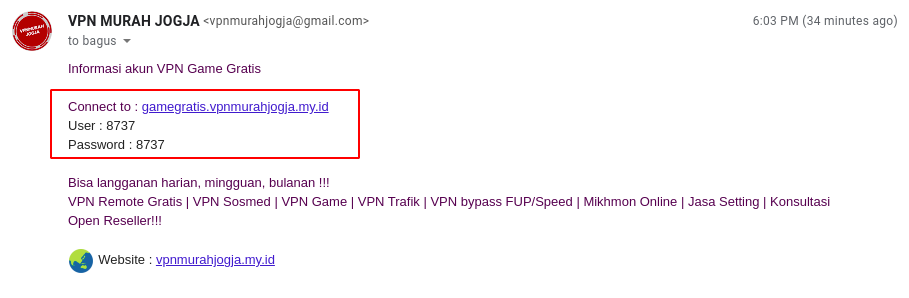 Script VPN Game gratis khusus Mobile Legends di Mikrotik - Cek email berisi akun VPN Game Gratis