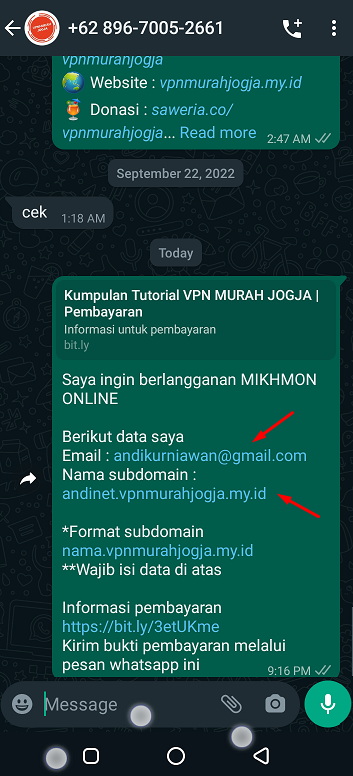 Contoh pengisian data email dan subdomain Mikhmon via WhatsApp