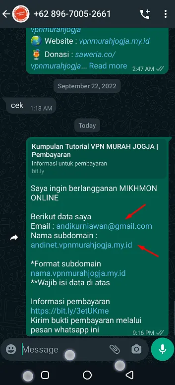 Contoh pengisian data email dan subdomain Mikhmon via WhatsApp