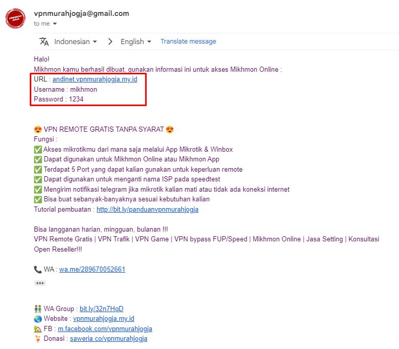 Email dari admin berisi URL, username mikhmon, dan password 1234