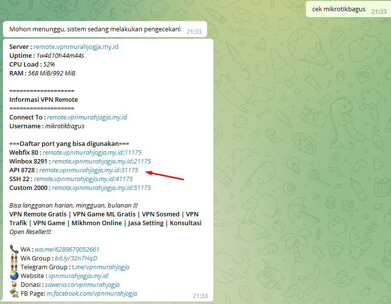 Respons Telegram Bot menampilkan port API 8728 untuk Mikrotik