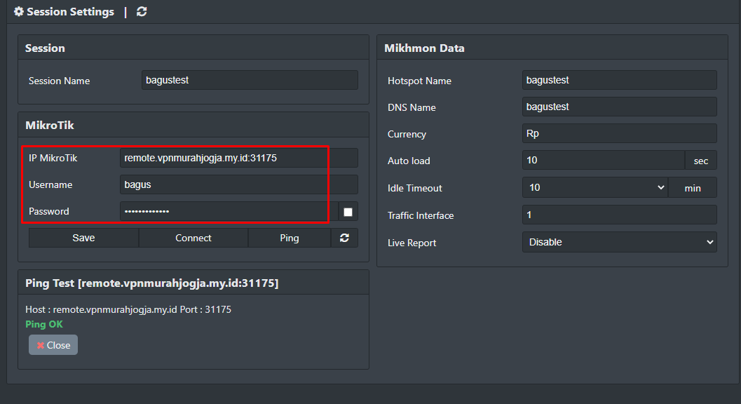 Form Session Settings Mikhmon — isi IP MikroTik dengan hostname VPN Remote + port API