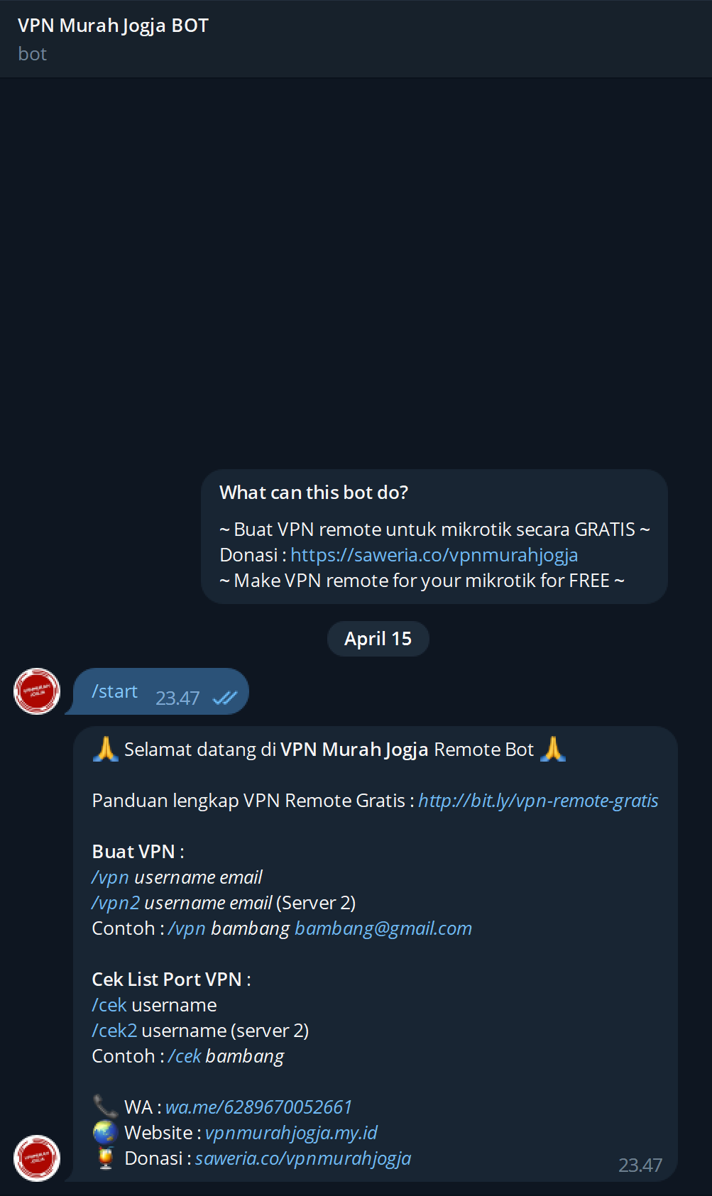 Balasan perintah start dari bot Telegram