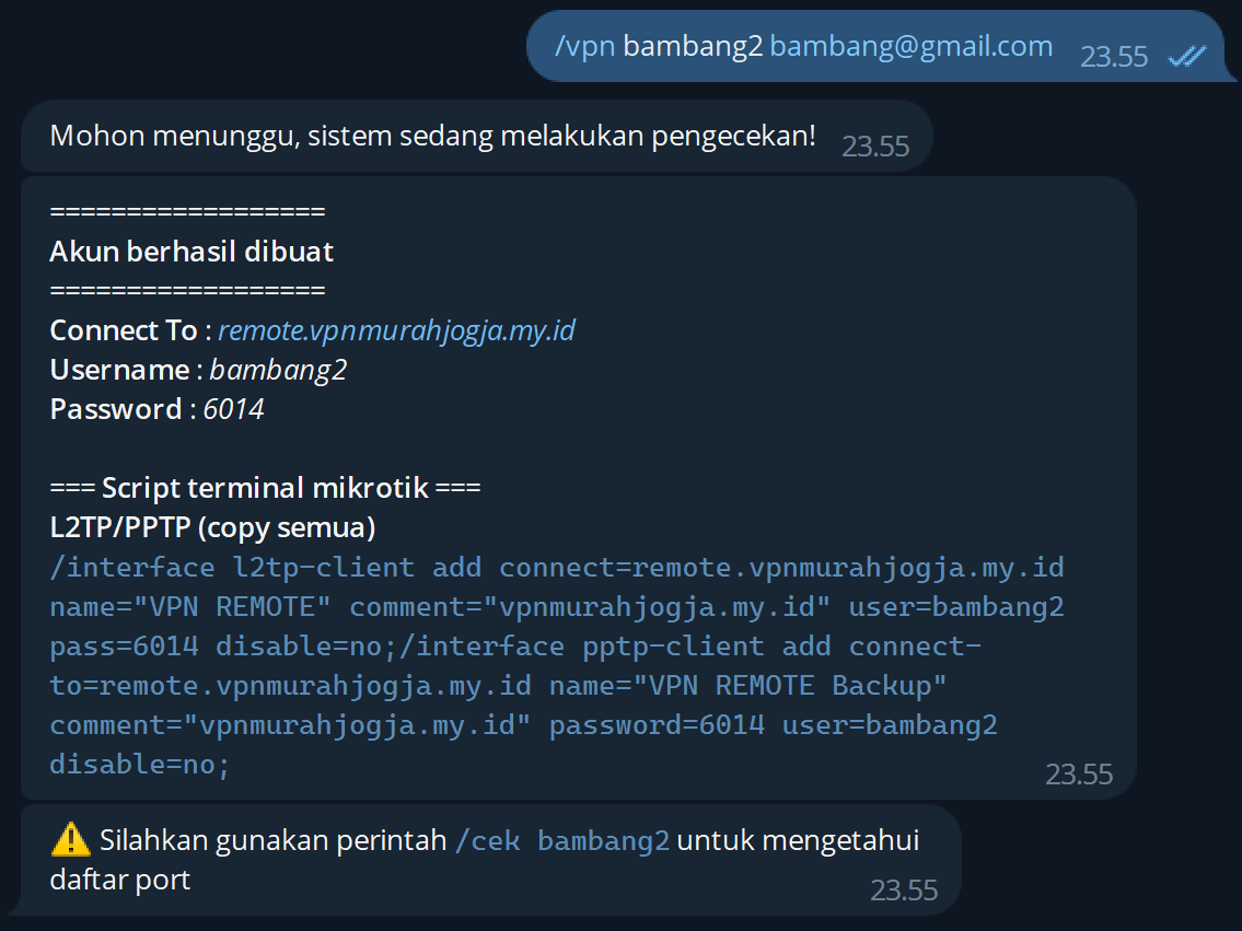 Contoh membuat akun VPN dengan perintah vpn