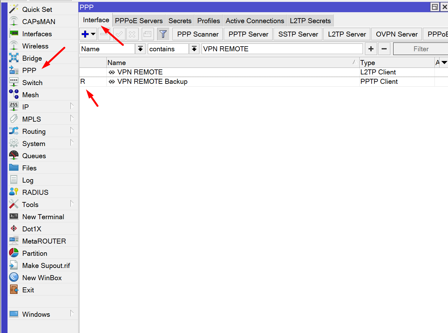 Dua interface VPN pada menu PPP Winbox