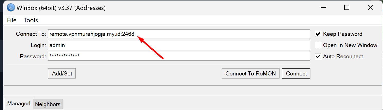 Kolom koneksi Winbox menggunakan hostname VPN Remote