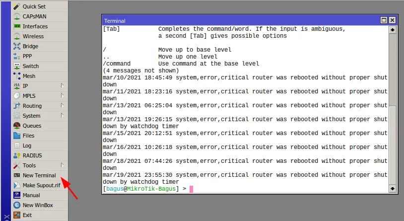 Tampilan Winbox dengan menu New Terminal yang dipilih